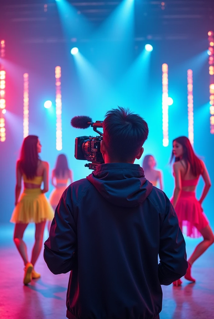 Shooting of dancing kpop female artists, cameraman recording with camera at front, lights at sides 