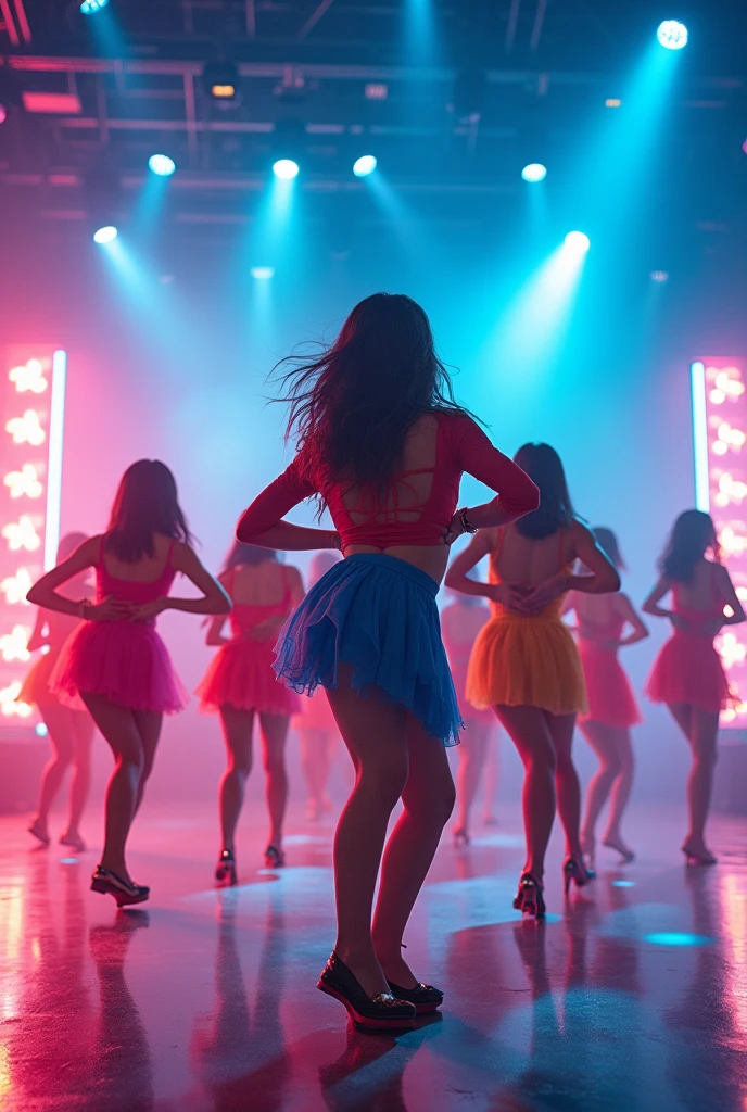 Shooting of dancing kpop female artists, cameraman recording with camera at front, lights at sides