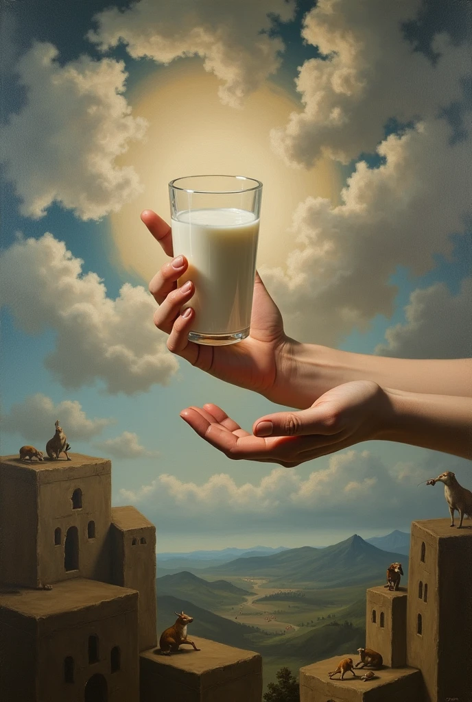 Creat of new painting of michelangelo’s the creation of adam hands with concept dairy cruelty 