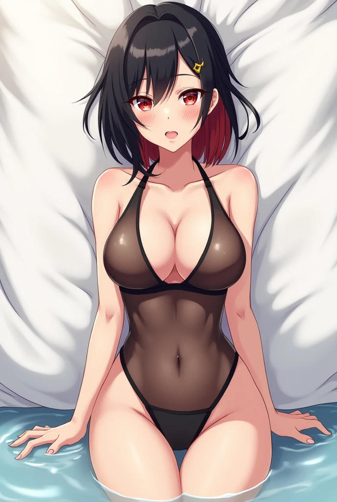 Anime girl in transparent swimsuit with wet and marked vagina, black hair and red hair with seductive anime girl, Kantai Collection Style, from frontline girls, fine details. frontline girls, top rated on pixiv, blue lane style, frontline girls style, de Arknights, high quality anime art style, anya from the spy family x, trend on artstation pixiv, demon slayer rui fanart