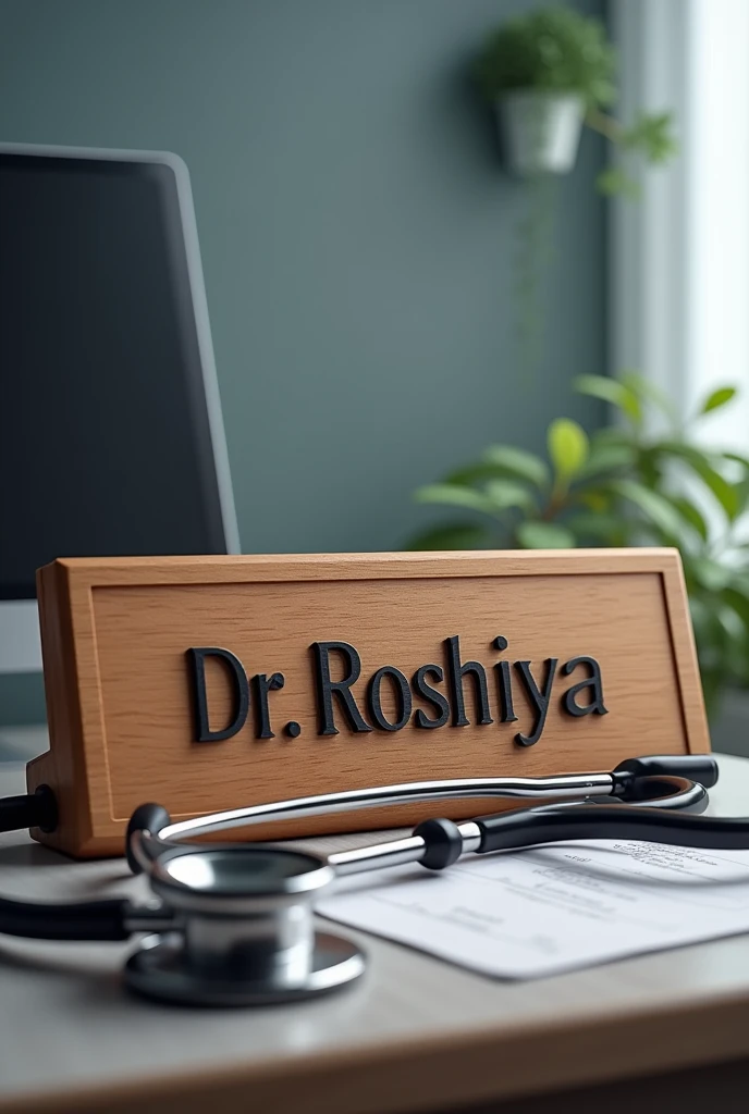 A wooden name board which is named"Dr. Roshiya ". Name board is near a black stethoscope