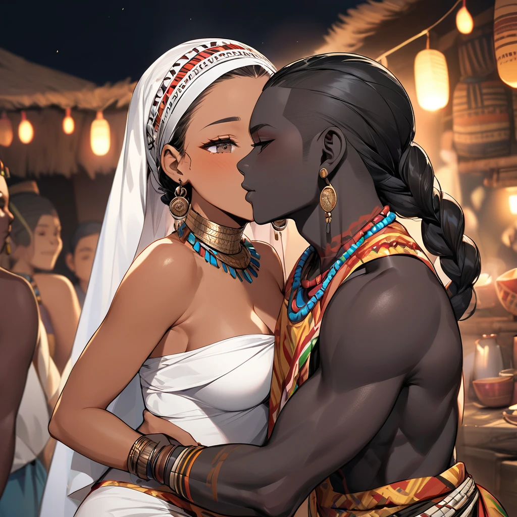((Highest quality)), ((masterpiece)), (detailed), (Perfect Face)、The woman is wearing the tribe's bridal attire, embracing the tribal man tightly, sharing a deep kiss, expressing their love for each other, and celebrating their wedding.、The woman has bright black skin、(Ghana braids with strong curly hair slicked back)、Black, dark skinned, African native tribal woman、The amount of hair is small、Black Hair、Very short curly hair、Ghana braid hair, finely and delicately braided into Ghana braids and slicked back、Her hair is braided and thin, and she wears a tribal headdress and a tribal headscarf.、African black woman beautifully dressed in tribal clothing, tribal earrings and tribal accessories, wearing tribal makeup、A beautiful tribal woman with tattoos all over her body、Women in tribal village night rituals、The woman's hair is dyed black by the other women in the village and styled like an African woman's.