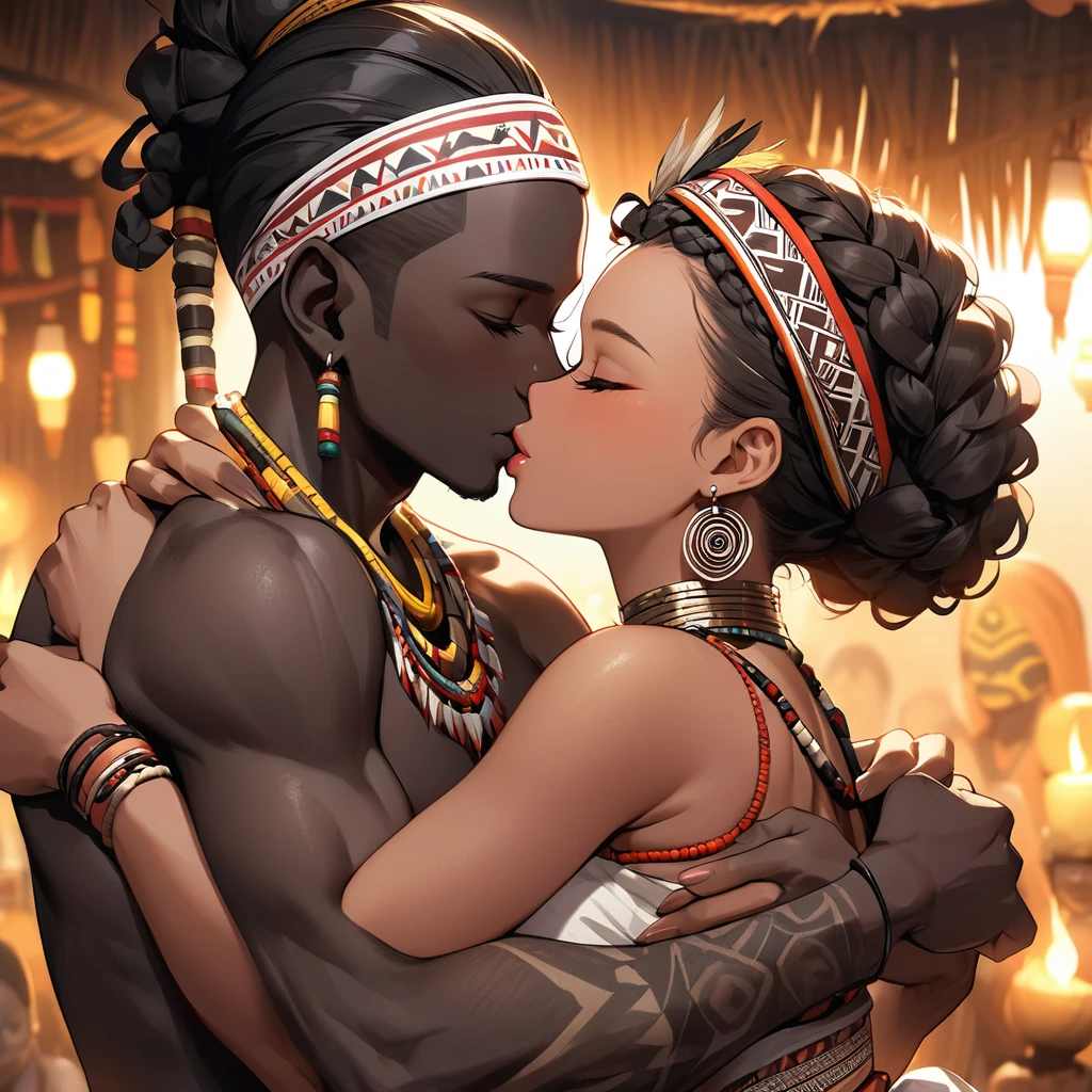 ((Highest quality)), ((masterpiece)), (detailed), (Perfect Face)、The woman is wearing the tribe's bridal attire, embracing the tribal man tightly, sharing a deep kiss, expressing their love for each other, and celebrating their wedding.、The woman has bright black skin、(Ghana braids with strong curly hair slicked back)、Black, dark skinned, African native tribal woman、The amount of hair is small、Black Hair、Very short curly hair、Ghana braid hair, finely and delicately braided into Ghana braids and slicked back、Her hair is braided and thin, and she wears a tribal headdress and a tribal headscarf.、African black woman beautifully dressed in tribal clothing, tribal earrings and tribal accessories, wearing tribal makeup、A beautiful tribal woman with tattoos all over her body、Women in tribal village night rituals、The woman's hair is dyed black by the other women in the village and styled like an African woman's.