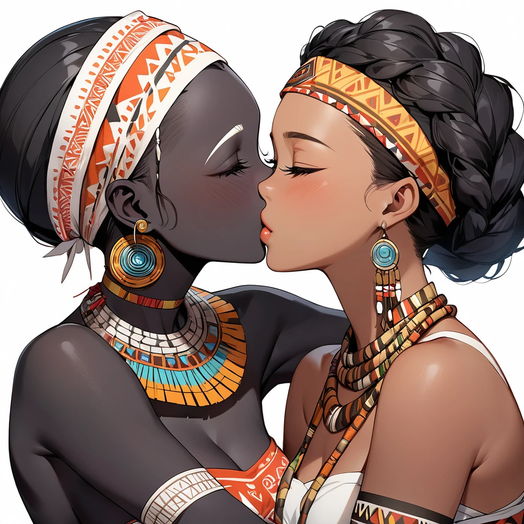 ((Highest quality)), ((masterpiece)), (detailed), （Perfect Face）、The woman is wearing the tribe's bridal attire, embracing the tribal man tightly, sharing a deep kiss, expressing their love for each other, and celebrating their wedding.、The woman has bright black skin、（Ghana braids with strong curly hair slicked back）、Black, dark skinned, African native tribal woman、The amount of hair is small、Black Hair、Very short curly hair、Ghana braid hair, finely and delicately braided into Ghana braids and slicked back、Her hair is braided and thin, and she wears a tribal headdress and a tribal headscarf.、African black woman beautifully dressed in tribal clothing, tribal earrings and tribal accessories, wearing tribal makeup、A beautiful tribal woman with tattoos all over her body、Women in tribal village night rituals、The woman&#39;s hair is dyed black by the other women in the village and styled like an African woman&#39;s.