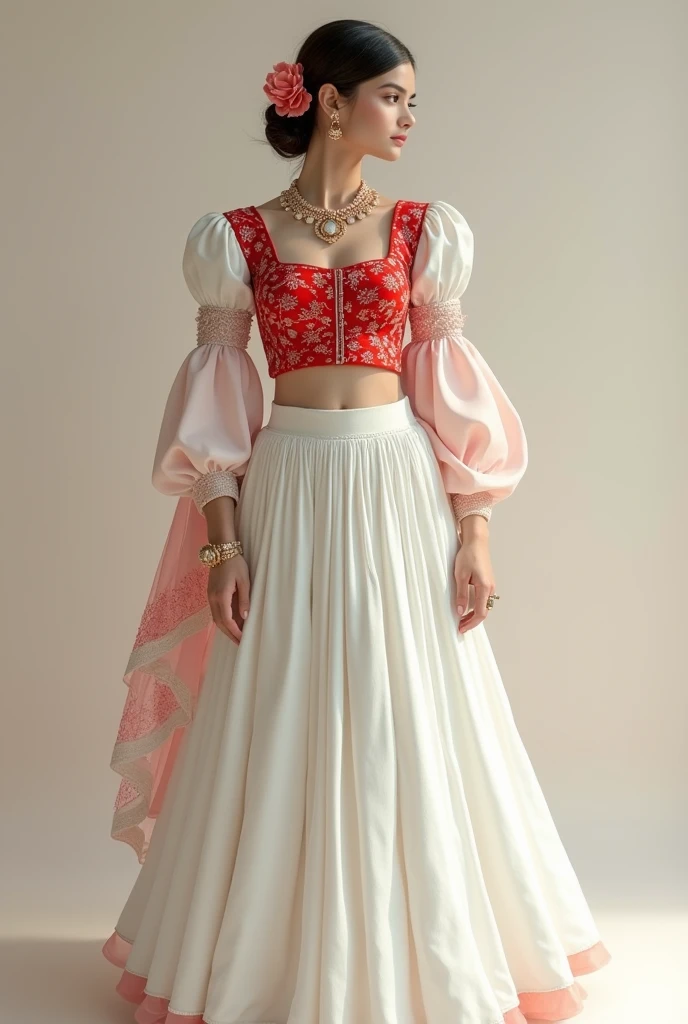create a white garara with its kurti having off shoulder puff sleeves with sleevless red square neckline corset with bow on the corset sleeves over garara's kurti