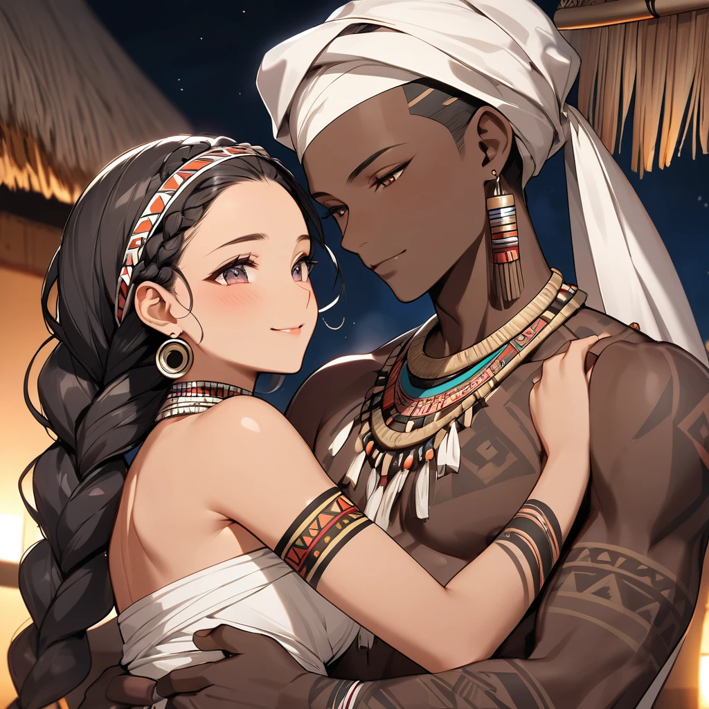 ((Highest quality)), ((masterpiece)), (detailed), (Perfect Face)、The woman is wearing a tribal wedding dress and is happily embracing a tribal man at their wedding.、The woman has bright black skin、(Ghana braids with strong curly hair slicked back)、Black, dark skinned, African native tribal woman、The amount of hair is small、Black Hair、Very short curly hair、Ghana braid hair, finely and delicately braided into Ghana braids and slicked back、Her hair is braided and thin, and she wears a tribal headdress and a tribal headscarf.、African black woman beautifully dressed in tribal clothing, tribal earrings and tribal accessories, wearing tribal makeup、A beautiful tribal woman with tattoos all over her body、Women in tribal village night rituals、The woman's hair is dyed black by the other women in the village and styled like an African woman's.