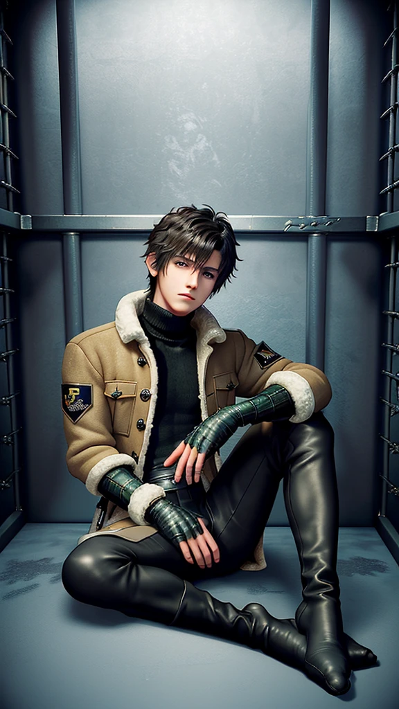 Final fantasy taste and reality graphics, Japanese young cute and cool ikemen  boy, his age is early 20s, thin eyebrows and beady eyes,  he wearing light brown color  very thick shearling jacket, jacket is no leather and waist length, fur color is white,
also wearing black very thick turtleneck polyester shirts,  tight black leather pants, shiny black leather tight and must put on a thin leather glove both hands, glove covered full fingers,black leather knee-high raceup boots,must views  head-to-toe,must views whole body, ((((describe in a distant manner)))),((((boy in the prison room without windows)))),(((boy sitting on the floor, curl up and holding your knees)))