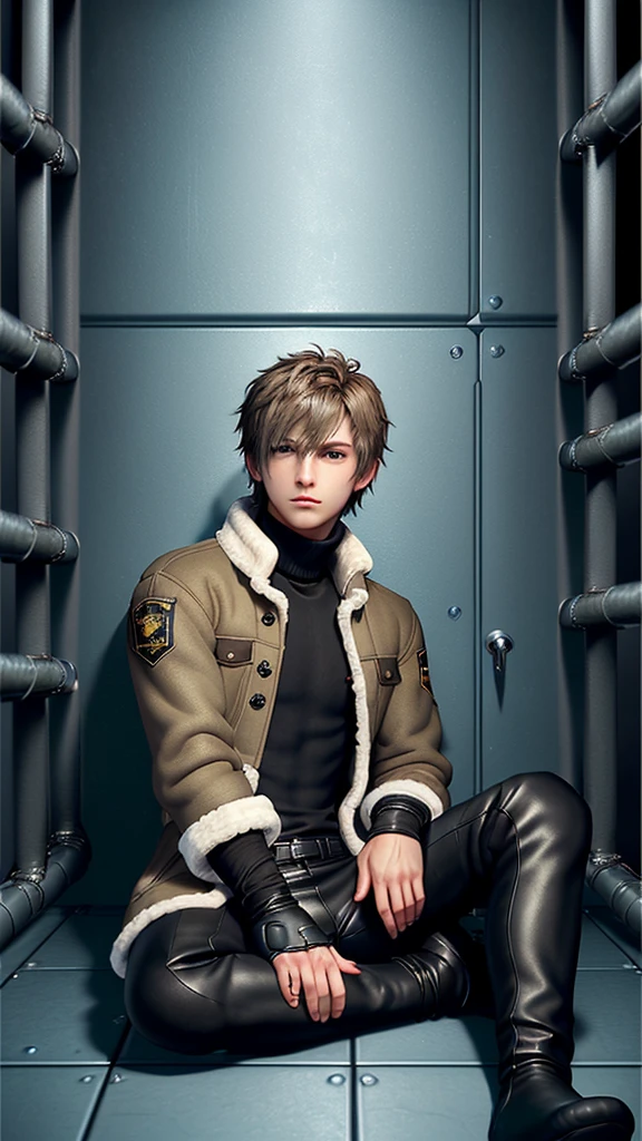 Final fantasy taste and reality graphics, Japanese young cute and cool ikemen boy, his age is early 20s, thin eyebrows and beady eyes, he wearing light brown color very thick shearling jacket, jacket is no leather and waist length, fur color is white,
also wearing black very thick turtleneck polyester shirts, tight black leather pants, shiny black leather tight and must put on a thin leather glove both hands, glove covered full fingers,black leather knee-high raceup boots,must views head-to-toe,must views whole body, ((((describe in a distant manner)))),((((boy in the prison room without windows)))),(((boy sitting on the floor, curl up and holding your knees)))