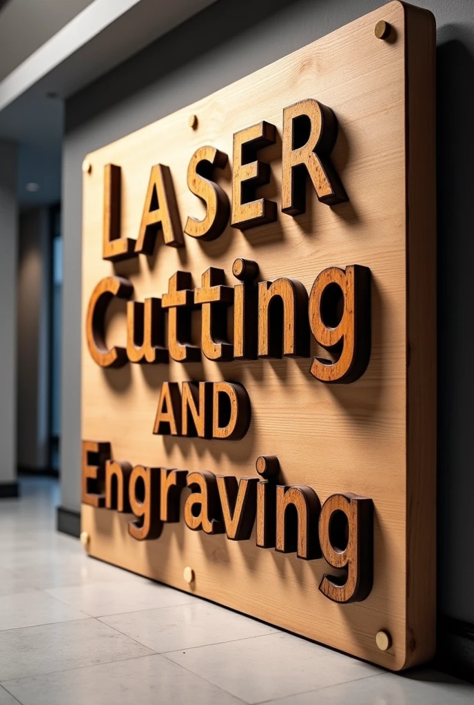 A large eye-catching advertisement featuring a wooden sign with the words "Laser Cutting and Engraving" prominently displayed in a burnt darker colour than the wood. The words are cut out in 3D, bold, and cursive typography, the sign should be exciting as it is a new product launch