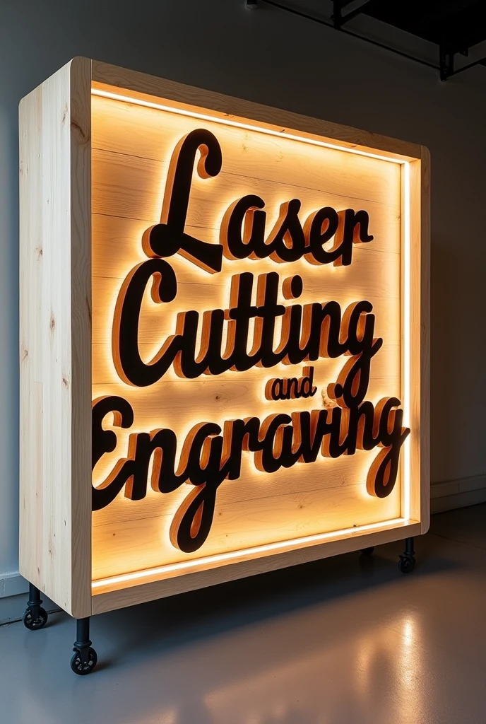 A large eye-catching advertisement featuring a wooden sign with the words "Laser Cutting and Engraving" prominently displayed in a burnt darker colour than the wood. The words are cut out in 3D, bold, and cursive typography, the sign should be exciting as it is a new product launch