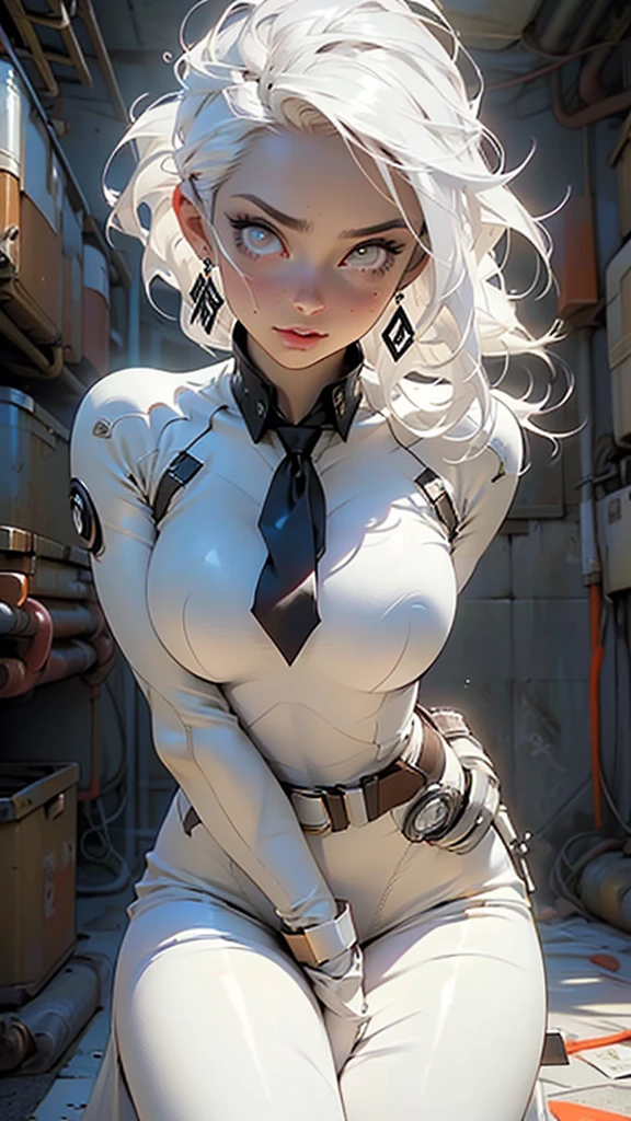 Female combat robot(tall.Protruding blood vessels all over the body.浅blackい肌Muscular body.Six Pack Abs.Narrow waist.綺麗な形のLarge Breasts(Large Breasts.Super big breasts).Toned and lean abs.Long legs)、(Mechanical Hand、Mechanical legs)、White Hair(Long Straight Hair)、[ear]Long hair with hair hanging down(Center-parted bangs.([ear]=人間のear.[ear]Silver round earrings))、blackいビキニ、White jacket(Off the shoulder)、Shorts(black)、blackいスニーカー、Fishnet tights、belly button、Golden eyes、smile、Brown Skin(Swimsuit tan lines)、Overwhelming physical beauty(Trained Limbs=Muscular body.Broad shoulders.Thick arms.Muscular lower body)、、Shading Effects、Gradient Magic Effect、Fog filter effect、Glitter effect、(Super detailed、Highest quality:1.3)、2.5D、delicate and dynamic、A clearly drawn face、Clearly defined eyes、Clearly defined details、Artistic photography、Ultra-realistic、8k、Accurate five fingers、Drawing the details of the body、Graphics CG Digital Art、