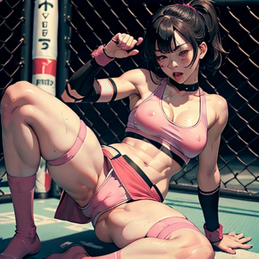 a beautiful bloody  japanese high school girl fighter is knocked out in the octagon fighting ring, she is beated down, She is on all fours., whole body picture, she lose. she is covered in scars and bruises, she is damaged terribry, Short cut black hair, out of breath, drooling from mouth, her one eye is closed, exhausted, drenched in sweat, Erect nipples, open finger glove, Ragged white and pink sports bra, high leg panty, Stockings, armwarmers, Whittled waistline , slender body