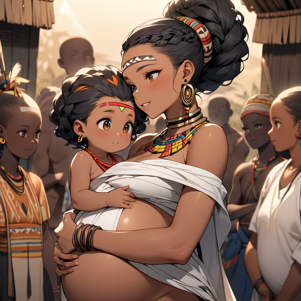 ((Highest quality)), ((masterpiece)), (detailed), (Perfect Face)、The woman has vibrant black skin, is pregnant and happily holding a baby.、(Ghana braids with strong curly hair slicked back)、Black, dark skinned, African native tribal woman、The amount of hair is small、Black Hair、Very short curly hair、Ghana braid hair, finely and delicately braided into Ghana braids and slicked back、A black African woman with braided hair, low volume, tribal earrings and tribal accessories, beautifully dressed and wearing tribal makeup、A beautiful tribal woman with tattoos all over her body、Women in tribal village night rituals、The woman's hair is dyed black by the other women in the village and styled like an African woman's.