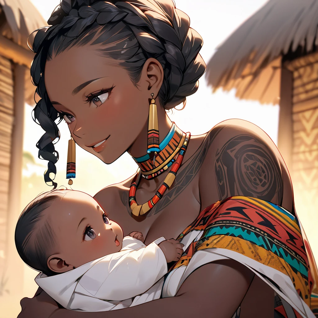 ((Highest quality)), ((masterpiece)), (detailed), （Perfect Face）、The woman has vibrant black skin, is pregnant and happily holding a baby.、（Ghana braids with strong curly hair slicked back）、Black, dark skinned, African native tribal woman、The amount of hair is small、Black Hair、Very short curly hair、Ghana braid hair, finely and delicately braided into Ghana braids and slicked back、A black African woman with braided hair, low volume, tribal earrings and tribal accessories, beautifully dressed and wearing tribal makeup、A beautiful tribal woman with tattoos all over her body、Women in tribal village night rituals、The woman&#39;s hair is dyed black by the other women in the village and styled like an African woman&#39;s.
