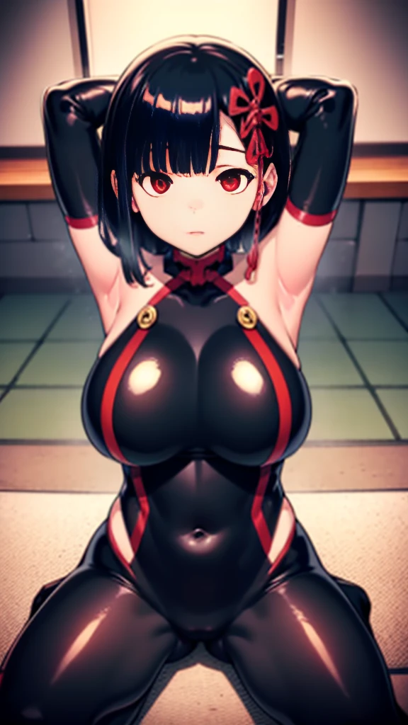 1 female, Browsing Caution, Brown Skin, Ren Yamashiro,(Demon Capital Spirit Soldier Slave), yamashiro768, clavicle, Glowing red eyes,Absurd, brainwashing,Hollow Eyes, Hollow Eyes, Huge breasts,Emotional erasure, Expressionless,(Black latex tight bodysuit),avert your eyes , 全身shape, ((Squat,Spread your legs, Put your arms behind your head)),(Highest quality、4K、8k、High resolution、Must have:1.2)、Very detailed、(reality、reality的なです、reality的な:1.37)、Ticker、Hyper HD、Studio Lighting、Ultra High Definition Paint、Sharp focus、Physically Based Rendering、Extreme Detail、Professional specifications、Vibrancy and color、Blurred、Sports portrait、landscape、Horror Style、Anime Big Tits、sf、photograph、Concept Artist、Five Fingers, Perfect body, {{{masterpiece}}}, {{{Highest quality}}}, {{Very detailed}}, {shape}, {{Very delicate and beautiful}},Improved cost performance、All Roles、Canon 5D MK4でphotograph、photograph,