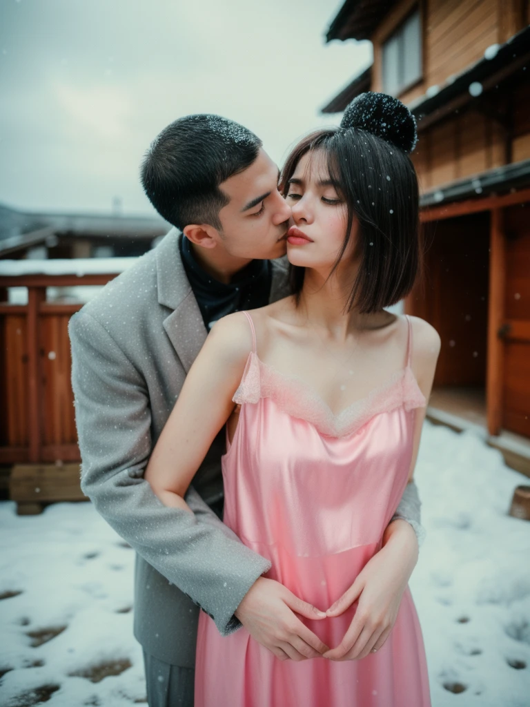 A Couple, (dramatic shot:1.3), (best quality photo:1.5), 1girl and 1man, japanese, I am 35y (a man in winter suit:1.3) with short black hair, I meet my sweet and chubby girlfriend in kyoto traditional village, (having sex posing:1.3), giving a hug, (real kissing:1.3), she has messy mid long bang hair, (a girl in pink slip dress:1.5), (snowing:1.2), (dramatic moment:1.3), real object, 120 film looks, natural light, real skin, detailed face and eyes, (very highly detailed:1.3), (surreal view:1.5), (sharp focus:1.3), shot by mamiya with wide lens, (dynamic wide angle:1.2), perfect composition, (centered object:1.2)