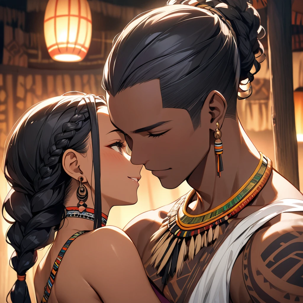 ((Highest quality)), ((masterpiece)), (detailed), （Perfect Face）、The woman, with her vibrant dark skin, is happily nestled next to her husband, a man from the tribe.、（Ghana braids with strong curly hair slicked back）、Black, dark skinned, African native tribal woman、The amount of hair is small、Black Hair、Very short curly hair、Ghana braid hair, finely and delicately braided into Ghana braids and slicked back、A black African woman with braided hair, low volume, tribal earrings and tribal accessories, beautifully dressed and wearing tribal makeup、A beautiful tribal woman with tattoos all over her body、Women in tribal village night rituals、The woman&#39;s hair is dyed black by the other women in the village and styled like an African woman&#39;s.