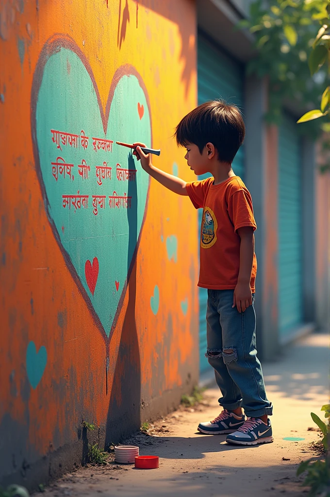 A young boy is painting on a streetside wall. He is wearing a casual outfit: a t-shirt, pants, and Nike shoes. The boy has short hair and is focused on his work. The background shows a typical urban setting with the wall being his canvas. The boy is in the process of writing on the wall in Bengali, with the text ‘দেয়ালে ছবি আঁকিনি, বুকে একেঁছি’ (which translates to ‘I didn't paint on the wall; I painted on my heart’). The scene is vibrant and full of energy, capturing the creativity and spirit of the young artist