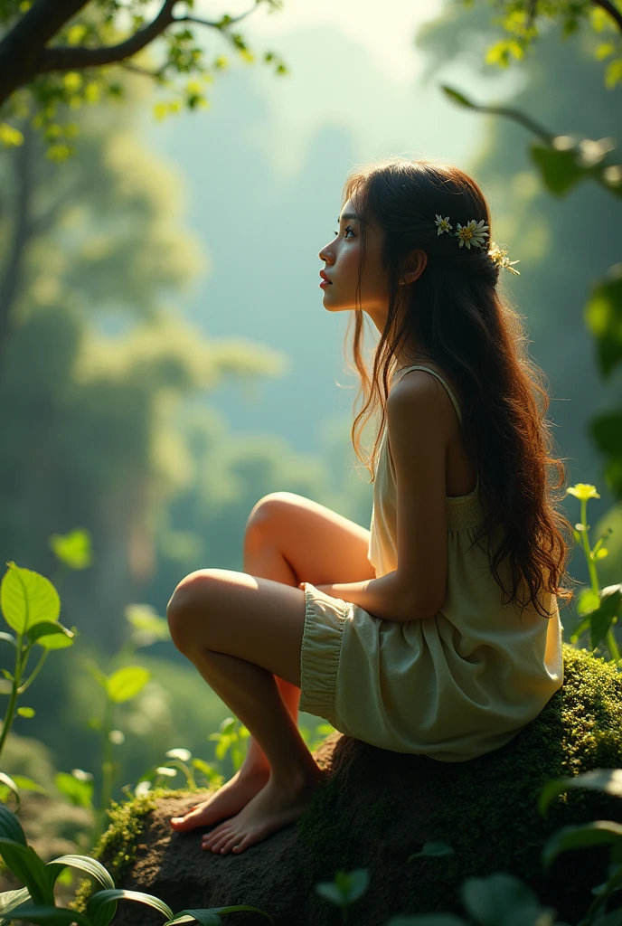 a girl sitting on a rock in a lush jungle, looking at the scenic view, detailed face, long hair, beautiful detailed eyes, beautiful detailed lips, extremely detailed face and eyes, longeyelashes, beautiful skin, detailed clothing, detailed jungle environment, lush greenery, sunlight filtering through the trees, photorealistic, 8k, high quality, masterpiece, detailed lighting, cinematic composition, vibrant colors