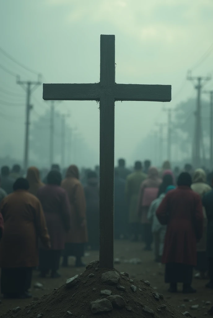 In the foreground a large cross with no one on it In the background, needy people behind the cross along blurred