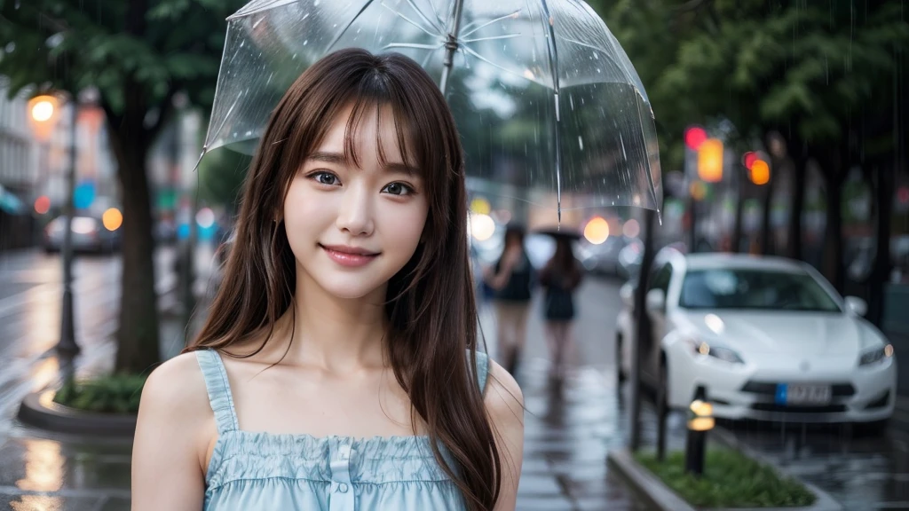 Rainy street trees, fine eyes, beautiful image, one beautiful woman, long hair, brown hair, bangs, light blue dress, 26 years old, nice smile, detailed skin,