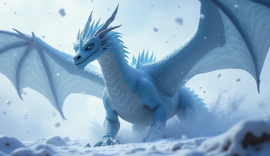 A (frost dragon, 2 wings, 4 legs, dynamic pose) , flys through a fierce blizzard with heavy snow blowing in the wind. ((((falling snow, flying, high in the sky ))))