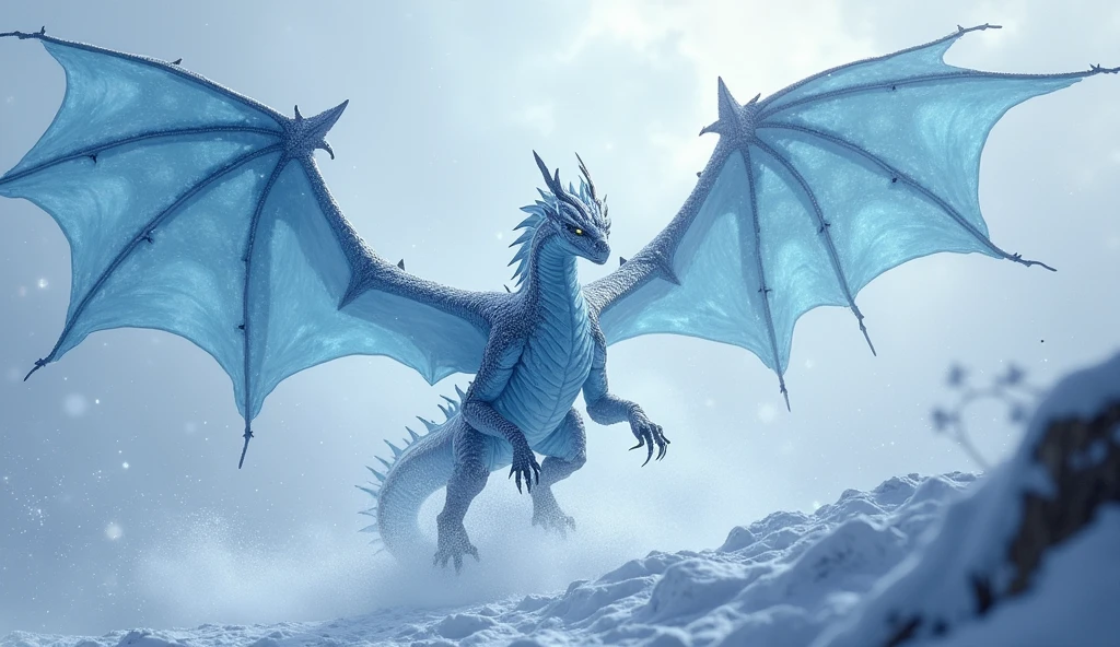 A (frost dragon, 2 wings, 4 legs, dynamic pose) , flys through a fierce blizzard with heavy snow blowing in the wind. ((((falling snow, flying, high in the sky ))))