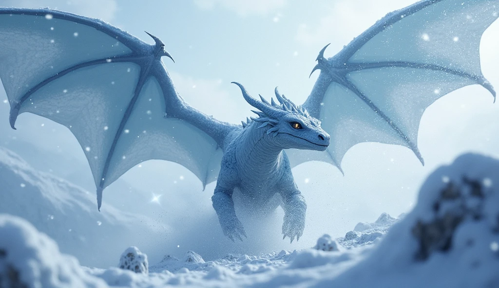 A (frost dragon, 2 wings, 4 legs, dynamic pose) , flys through a fierce blizzard with heavy snow blowing in the wind. ((((falling snow, flying, high in the sky ))))