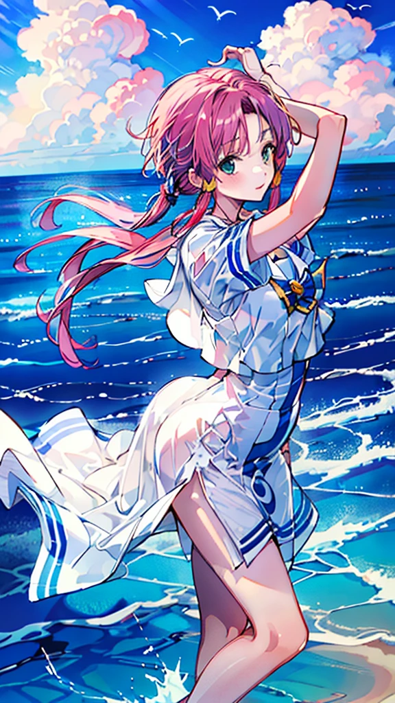 ((masterpiece,Highest quality)), Mizunashi Akari, uniform, dress, white dress, Have, Sailor collar,
Ocean, On the water, null, cloud, Outdoor, bird, Dutch Angle, long dress, Side slits