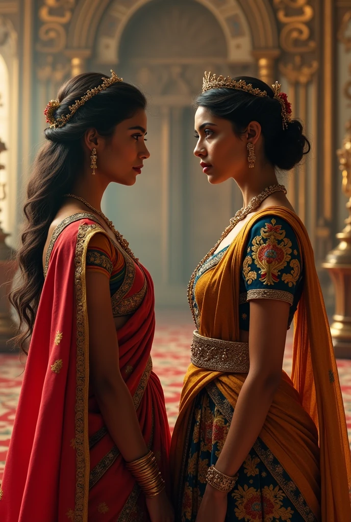 Young queen from india dressed in indian saris and young queen of Britain dressed in european gown, standing in an imperial palace, glaring at eachother