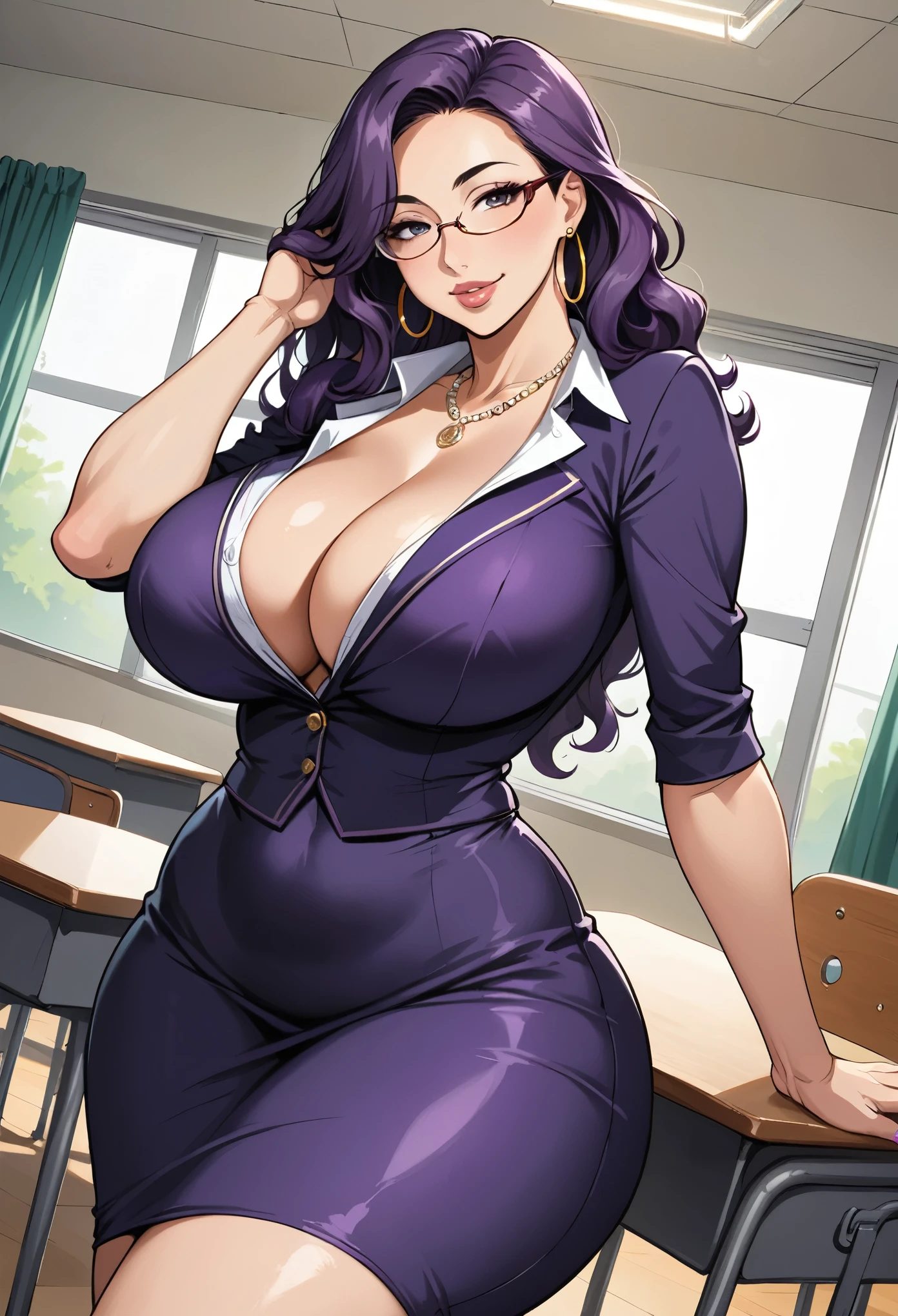 mature female, mom, milf, 40 year old woman, purple hair, wavy hair, glasses, ((thick lips)), (puffy lips), smile, parted lips, makeup, tall, wide waist, wide hips, ((thick thighs)), huge ass, (huge breasts) , tall, oily breasts button up , pencil skirt, ((lace)), (big hoop earrings), necklace, indoors, classroom, desk, chair, window, curtains, (sexy pose), hip and thigh focus, oily breasts, realistic lighting, head tilt, painted nails, hand in own hair, dutch angle,