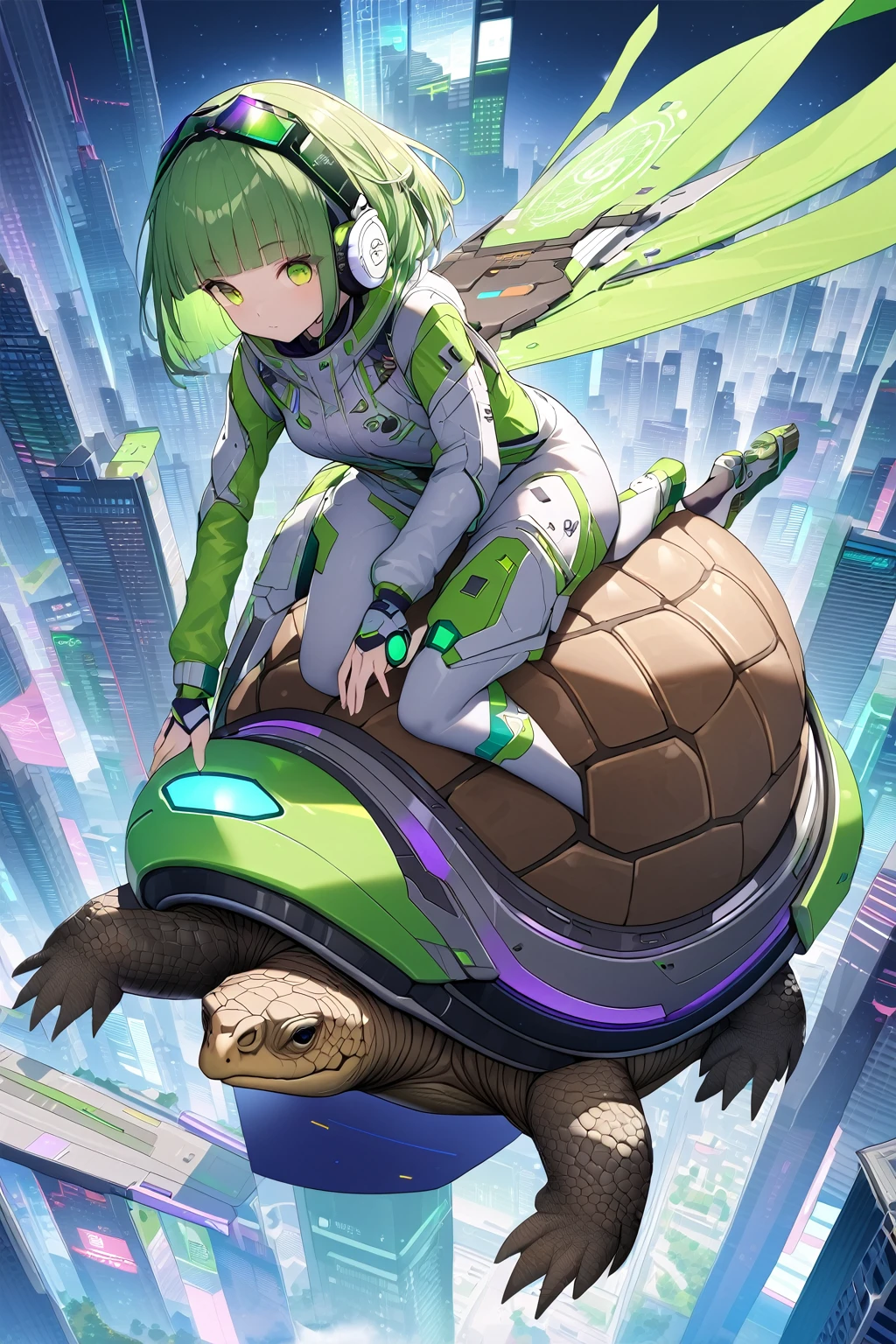 (extremely detailed fine touch:1.3), (((Futuristic eyewear:1.3))), (wear headphones:1.0), green short hair, blunt bangs, beautiful android girl, solo, full body, riding (tortoise:1.3), Futuristic city, single Skyscraper