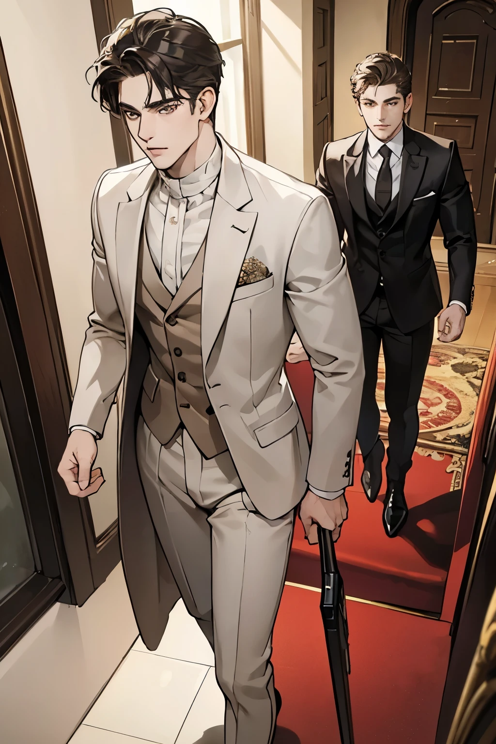 ((best quality)), ((masterpiece)), (detailed), A handsome man in a brown  and white suit，A bodyguard in dark clothes，Two people walked up the stairs of the villa to the living room，Perfect face perfect hands