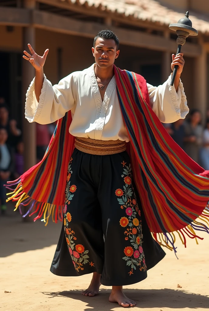  thin man, with Parachico suit that has a white shirt,  Black trousers with floral embroidery and a woven waist sash to hold them in place; with a multicoloured striped serape over his shirt, with raised arms and his rattle with ribbons
