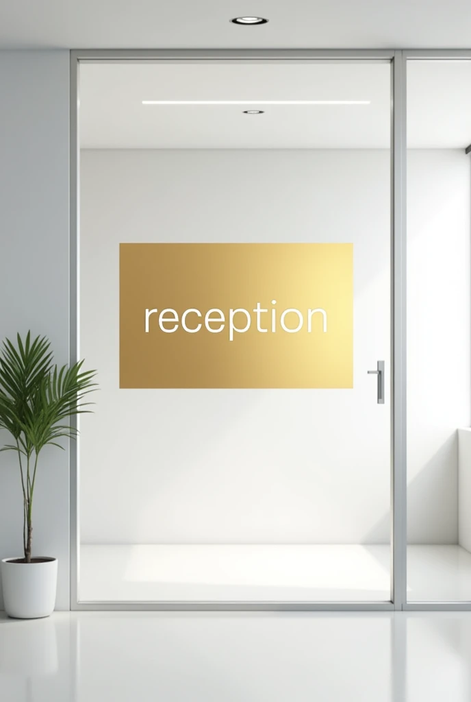 Office window with a gold metallic adhesive label attached without relief, with the word "reception". White background