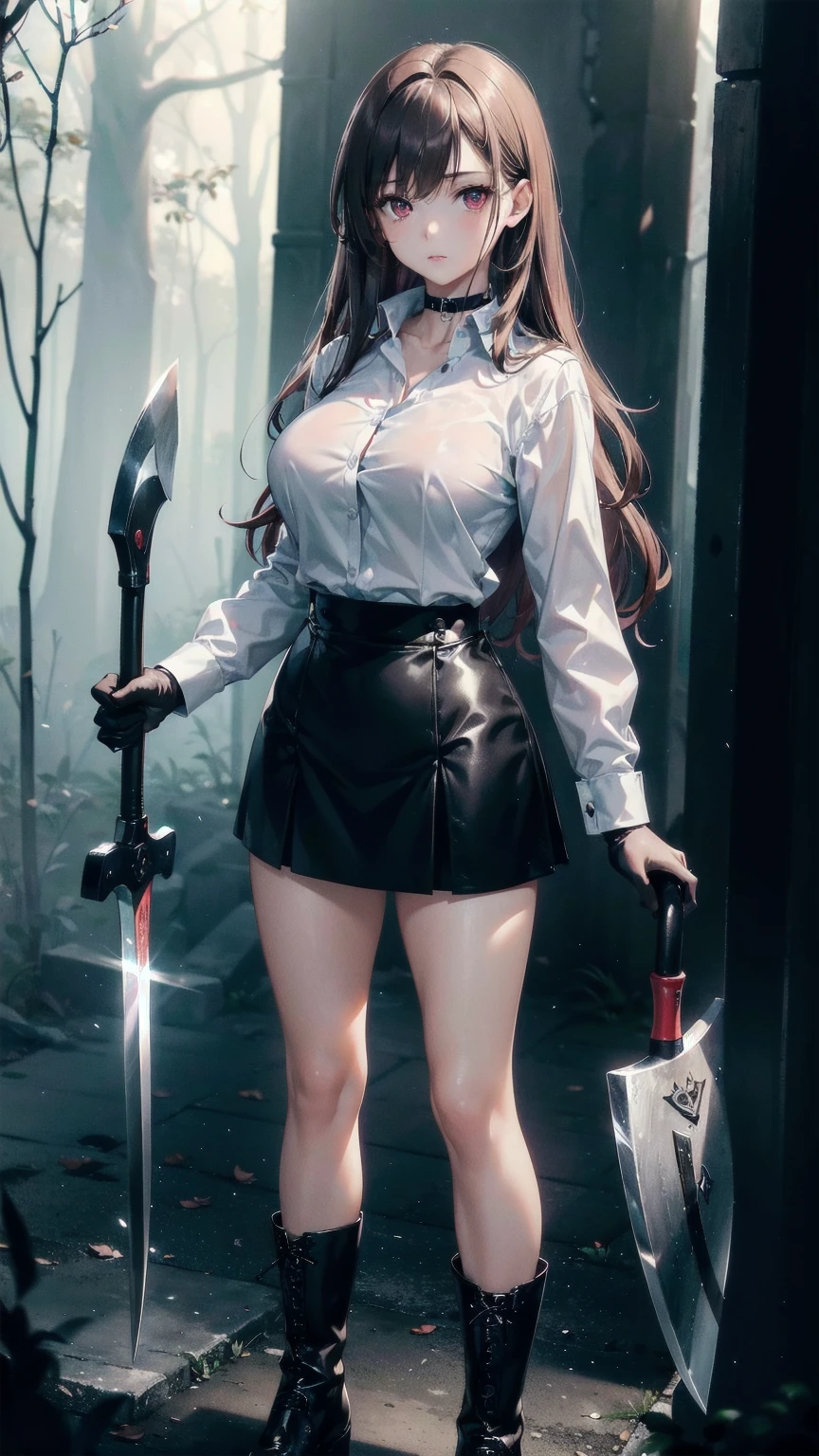 masterpiece, Superior image quality, High resolution, 4k image,Photo and gross, photorealistic, 1 young girl of 20 years old, standing, {Alone},{{{vagina}}}, big breasts, beautiful face, long dark brown wavy hair, scarlet red eyes, very detailed eyes, Expression of seriousness, choker:1.6, (white collar button down shirt white long sleeve), black gloves, gloves covering the hands, (holding an axe in his right hand), (black shiny black miniskirt), (black leather boots), sensual lips , show details in the eyes, view from front, Dark forest, at night, atmosphere, fog