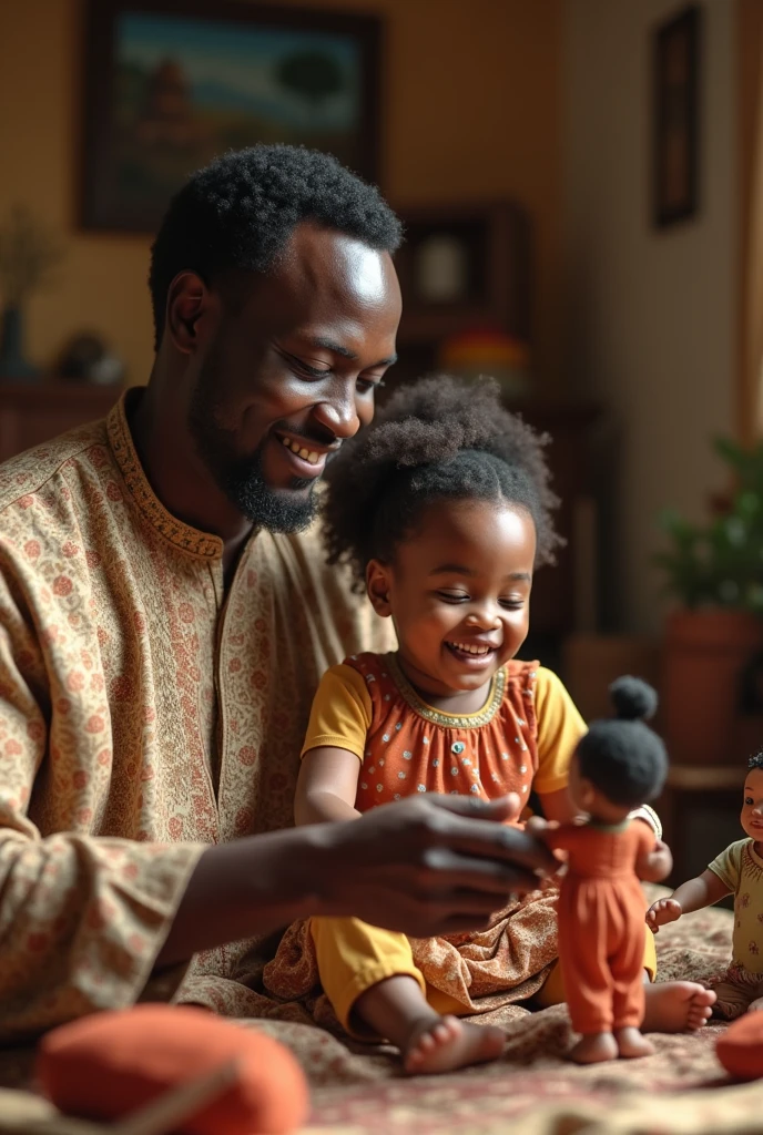 African dad playing with dolls with his daughter 