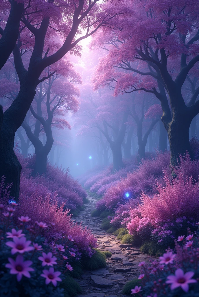 Blue forest background, which is all in purple soft tones, slightly dark. (excellent quality) (best quality) (realism) many purple flowers and beautiful light with blue tint. a little dark. many many flowers with purple and blue flowers flowers everywhere. More realism, a lot of realism more flowers, flowers everywhere. Trees are blooming beautifully. lots and lots of realism. beautiful trees, a little dark outside. also fireflies with a blue tint. most of all, many flowers, roses, spider lily. and also flowers lycoris