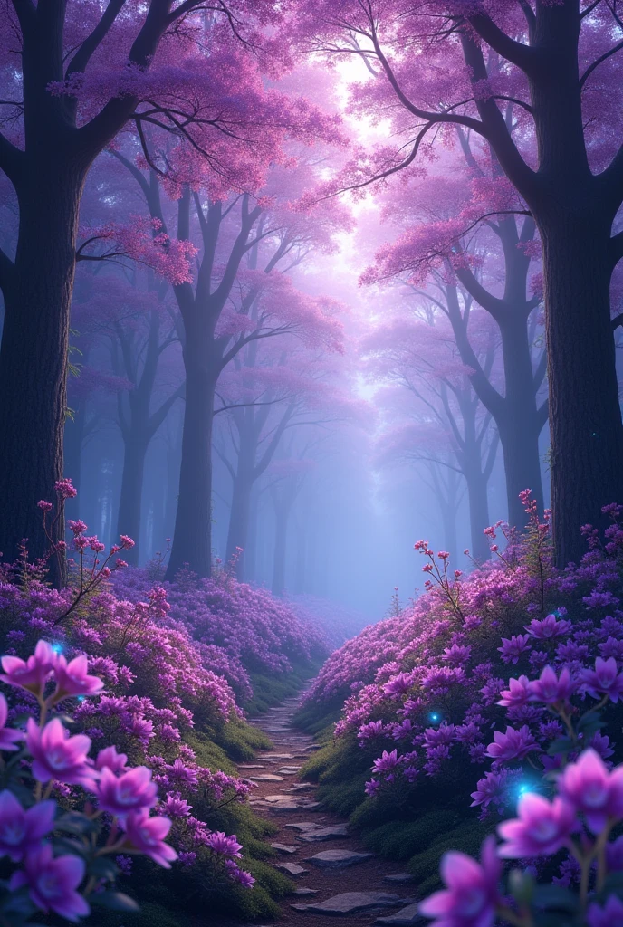 Blue forest background, which is all in purple soft tones, slightly dark. (excellent quality) (best quality) (realism) many purple flowers and beautiful light with blue tint. a little dark. many many flowers with purple and blue flowers  flowers everywhere. More realism, a lot of realism more flowers, flowers everywhere. Trees are blooming beautifully. lots and lots of realism. beautiful trees, a little dark outside. also fireflies with a blue tint. most of all, many flowers, roses, spider lily. and also flowers lycoris