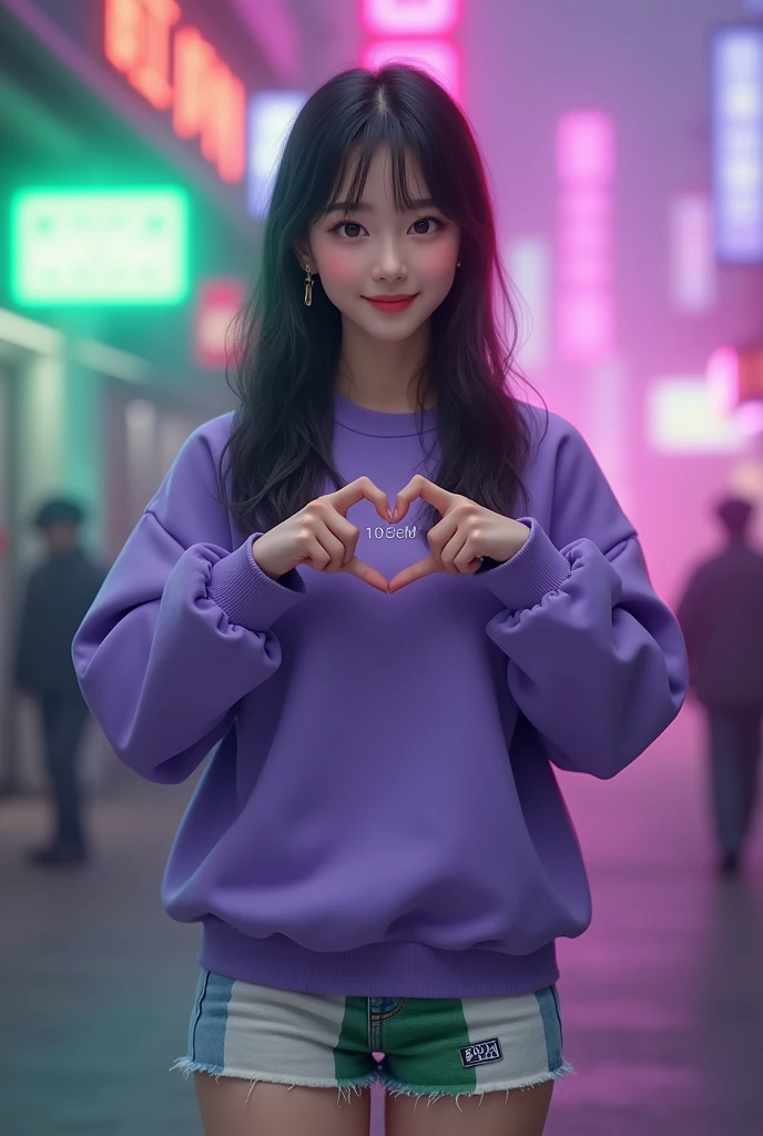 I want a girf of a woman , slickedback hair , small eye, dark brown hair, purple sweatshirt, very discreet BTS symbol, white and green shorts , jeans , purple and green scenery , based on the group BTS , I don't want anime features , I want more realistic , making korean heart, genuine smile expression, making a cute heart