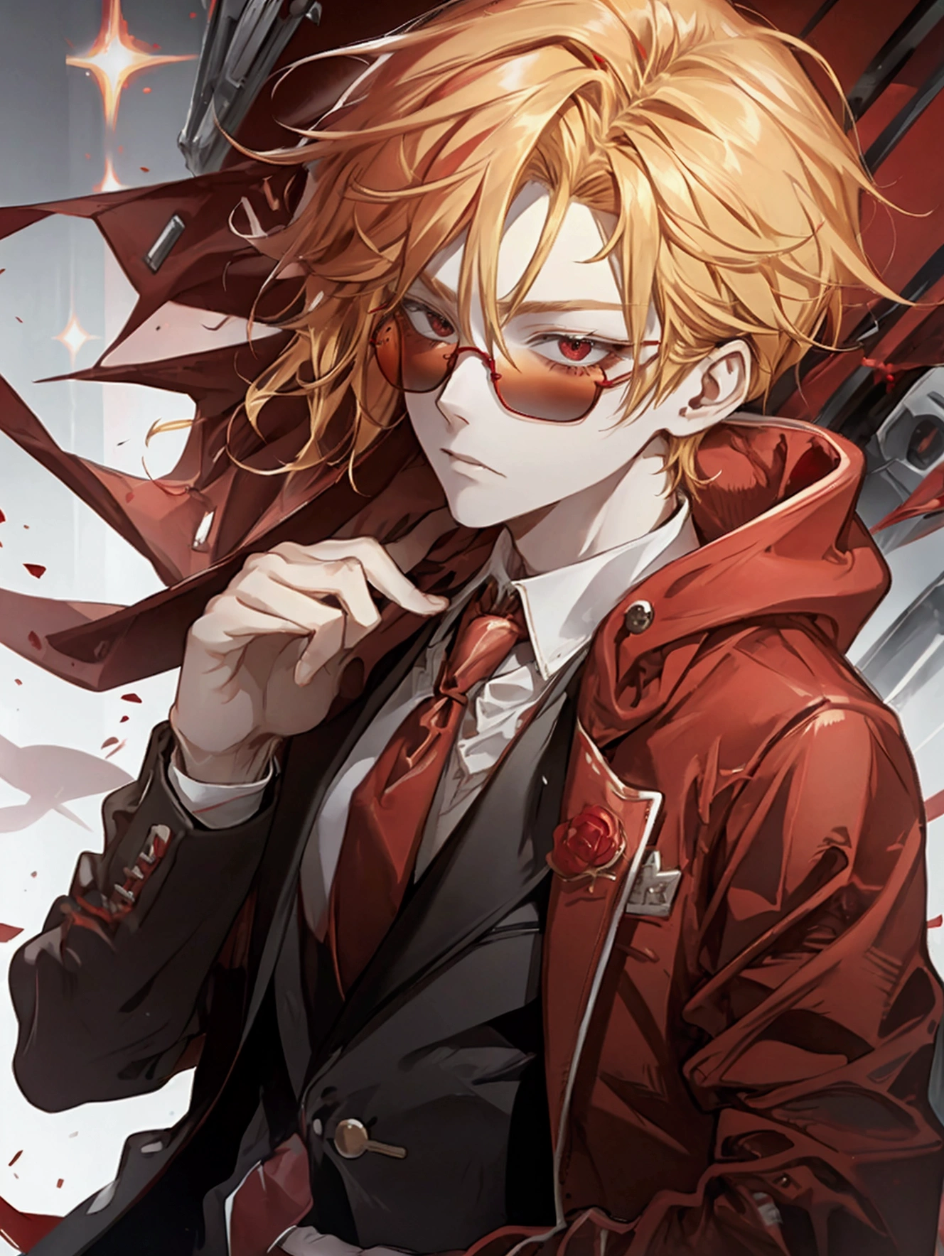 Red sunglasses, red hoodie, tuxedo under hoodie, tie, blonde, good-looking, refreshing, upturned corners of the mouth