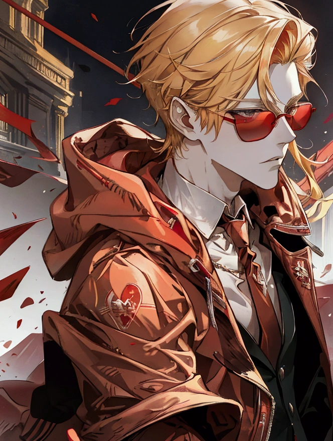 Red sunglasses, red hoodie, tuxedo under hoodie, tie, blonde, good-looking, refreshing, upturned corners of the mouth