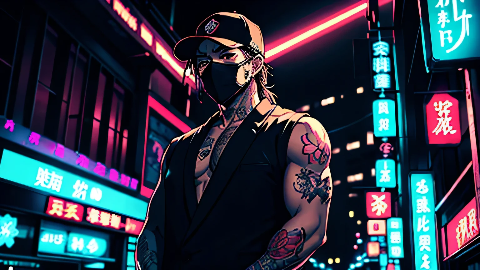yakuza stand between many staff, big tattoo, wear hat hiding his face, dark night, neon light, dark theme retro style