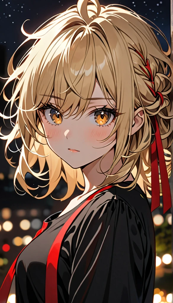 Beautiful and blond, messy styled hair,red ribbon, black shirt, night, looking fancy