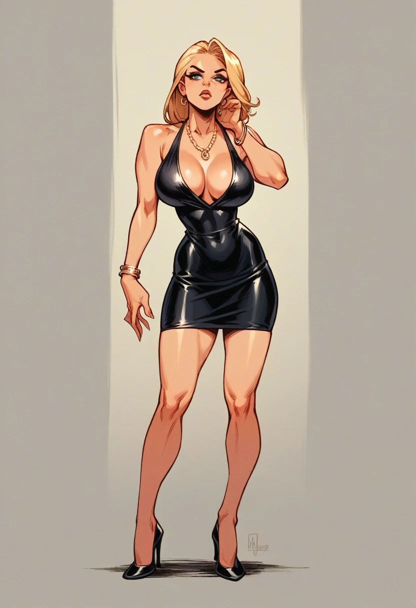 Full body shot of Ms. Buxley from Beetle Bailey comics. Long blond hair. Curvy body with large breasts Skimpy black dress. Low-cut and tight fitting and short skirt. Black high heels. Necklace and bracelet.