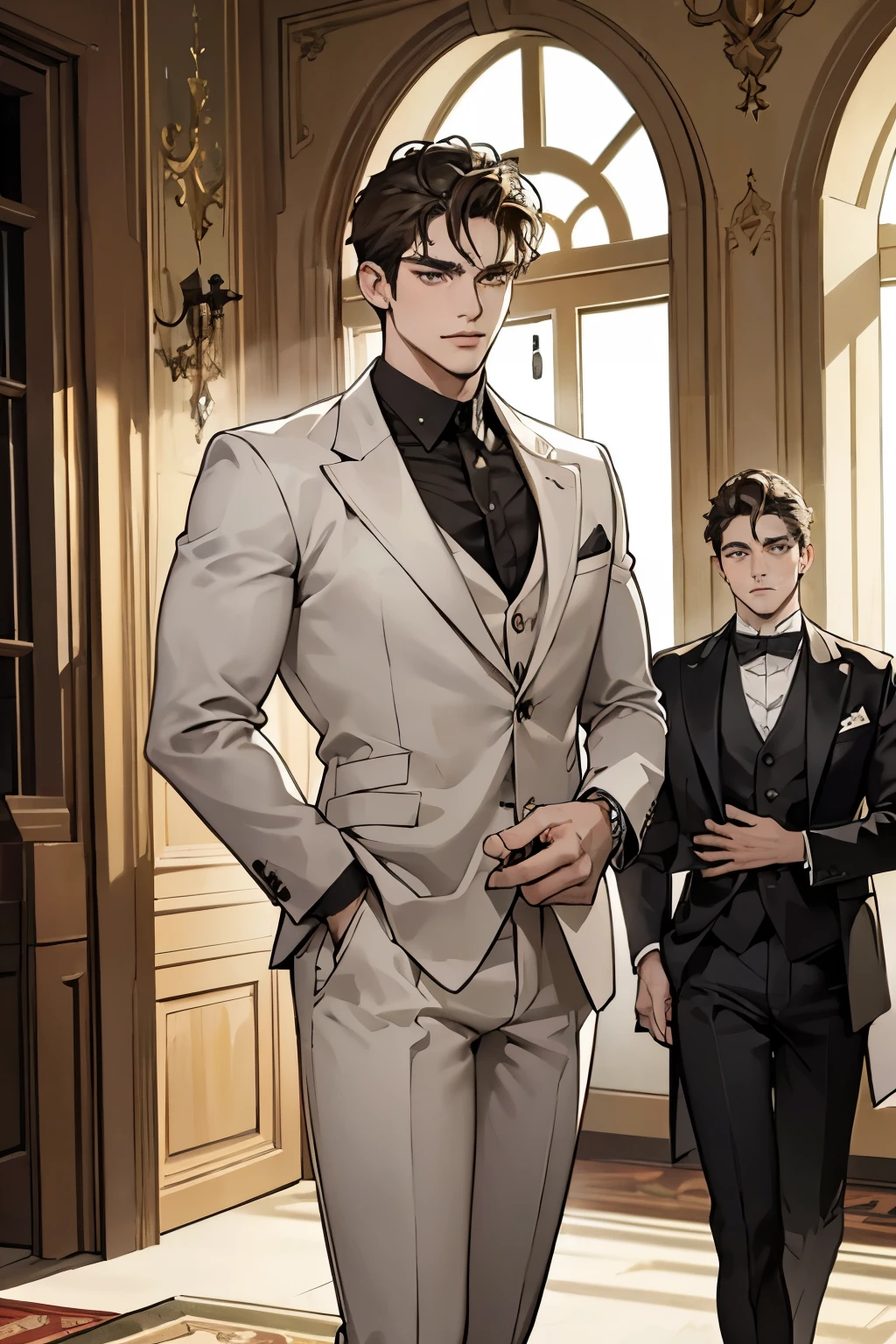 ((best quality)), ((masterpiece)), (detailed), A handsome man in a brown  and white suit，A bodyguard in dark clothes，Two people walked up the stairs of the villa to the living room，Perfect face perfect hands