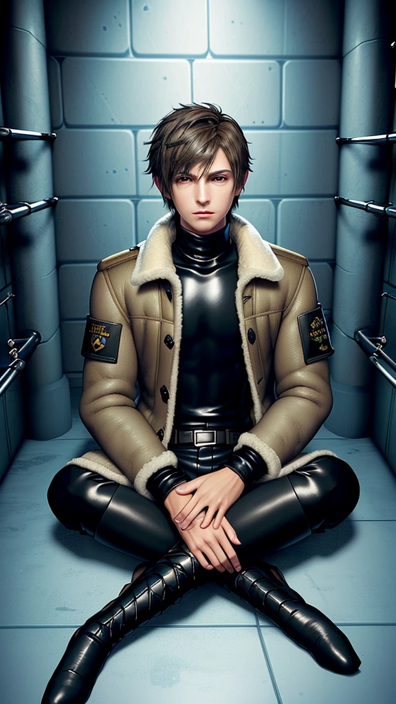 Final fantasy taste and reality graphics, Japanese young cute and cool ikemen  boy, his age is early 20s, thin eyebrows and beady eyes,  he wearing light brown color  very thick shearling jacket, jacket is no leather and waist length, fur color is white,
also wearing black very thick turtleneck polyester shirts,  tight black leather pants, shiny black leather tight and must put on a thin leather glove both hands, glove covered full fingers,black leather knee-high raceup boots,must views  head-to-toe,must views whole body, ((((describe in a distant manner)))),((((boy in the prison room without windows)))),(((boy sitting on the floor, curl up and holding your knees)))