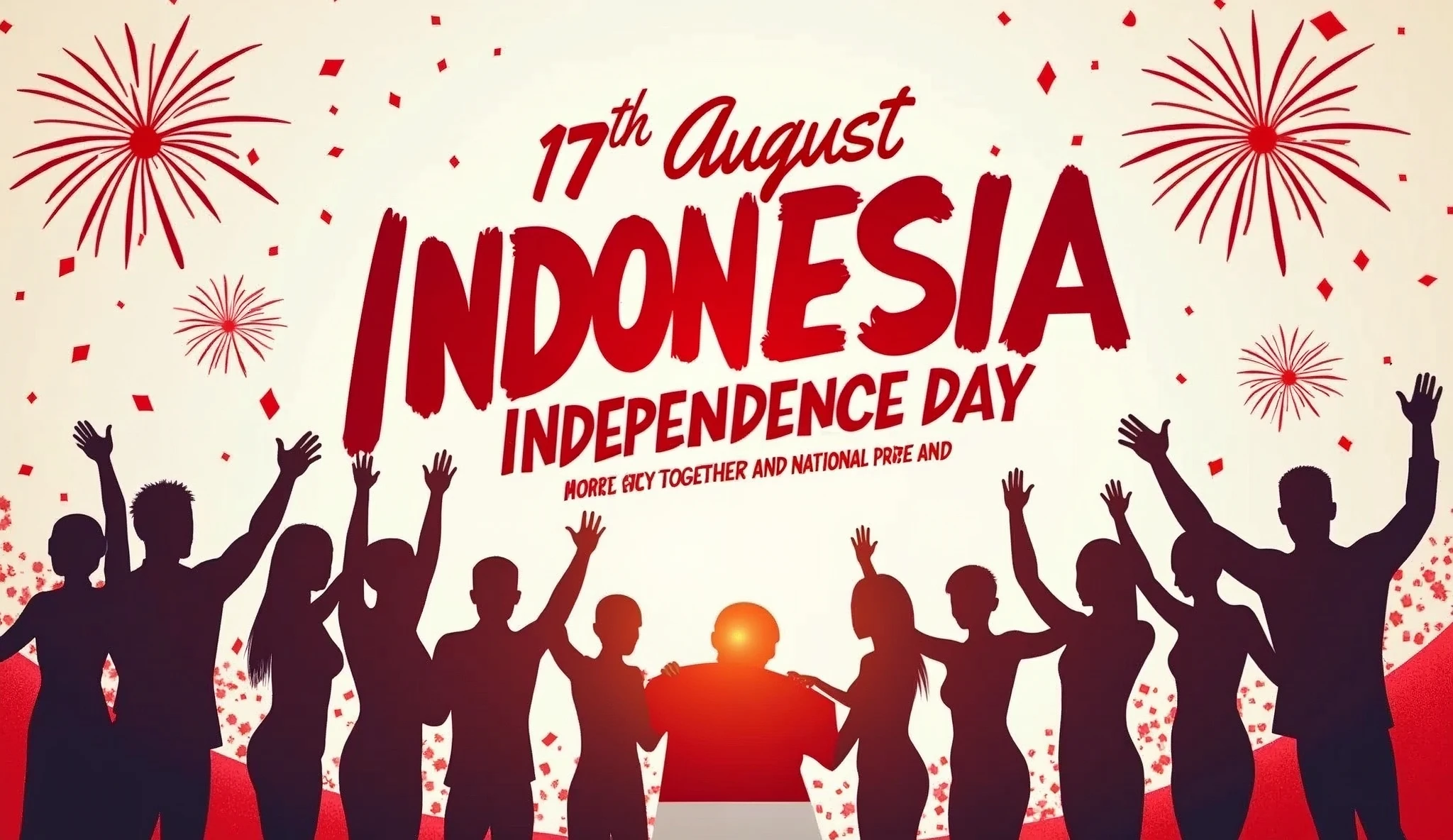 A dynamic banner design featuring a diverse group of people, each holding a piece of the Indonesian flag, coming together to form the complete flag. The background is filled with confetti and fireworks in red and white, symbolizing unity and joy. The text reads "17th August - Indonesia Independence Day" with a tagline that promotes togetherness and national pride.