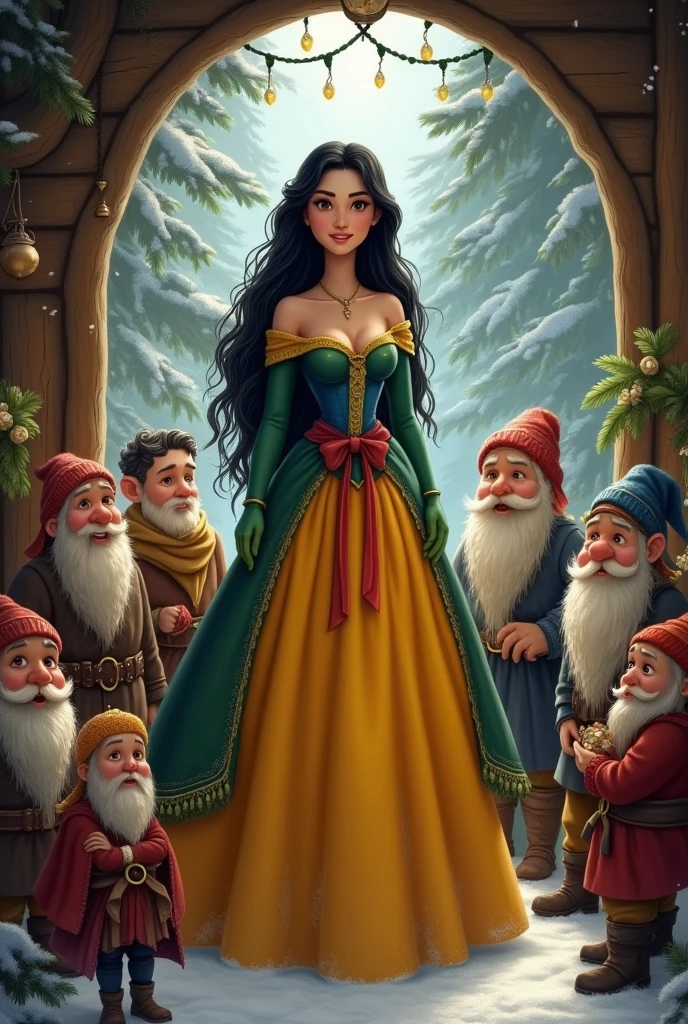In a wooden cabin in the forest, there is a princess with long black hair. Wearing a winter dress with a green top, the yellow skirt, a blue corset and a red ribbon tied around the waist.
She is accompanied by 7 dwarves of different ethnicities., one of them is a child