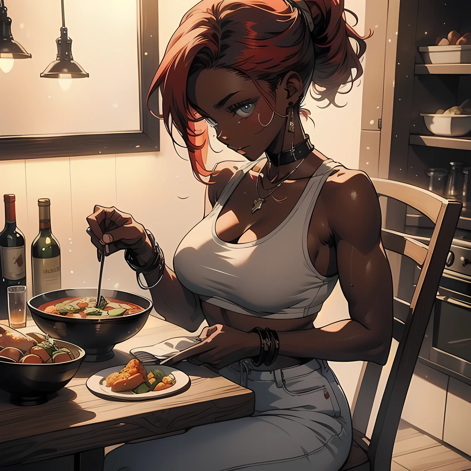 (masterpiece), perfect face, expressive eyes, beautiful makeup, Soldier Girl, Tank Top, Muscular, Saggy, Large Breasts, Dark Skin, Red Hair, Ponytail, Sitting, chair, luxurious kitchen, food, meat, vegetables, soup, wine, eating, delicious, wholesome scene, 3D Western Anime Style, HD Quality, 4K, Ultra HD, detailed hands,